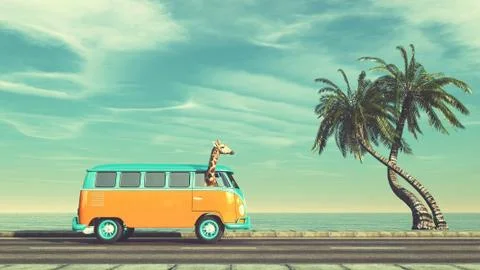 Giraffe by car on highway Stock Illustration