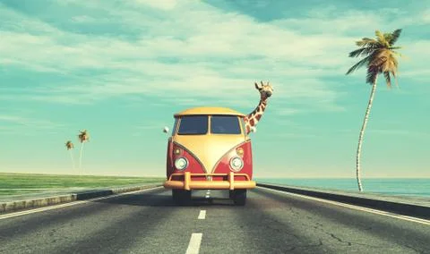 Giraffe by car on highway Illustrazione stock