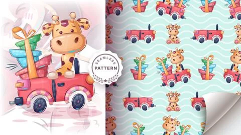 Giraffe in the car - seamless pattern 스톡 일러스트