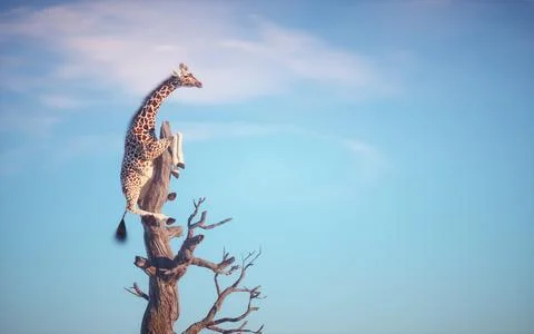 Giraffe climbing a dry tree in surreal landscape. Illustrazione stock