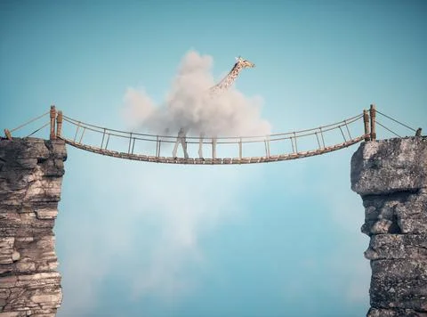 Giraffe crossing a suspension bridge between two rocks Illustrazione stock