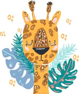 Giraffe cute doodle hand drawn flat vector illustration. Wild rainforest anim Stock Illustration