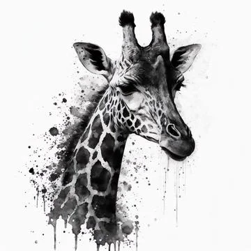 Giraffe on dark background. Black and white image watercolor art AI Generated Stock Illustration