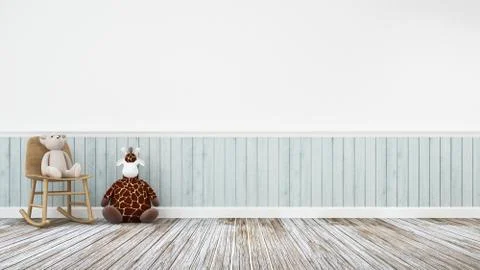 Giraffe doll and teddy bear in wooden decoration - 3d rendering Stock Illustration