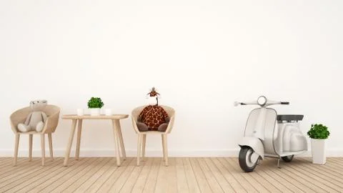 Giraffe doll with bear doll and Vintage motorcycle in kid room - 3D Rendering Stock Illustration