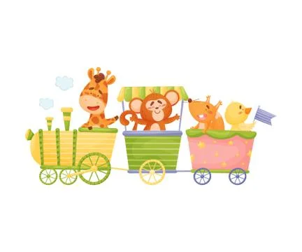 Giraffe, duckling, monkey and squirrel ride a train. Vector illustration on a 스톡 일러스트