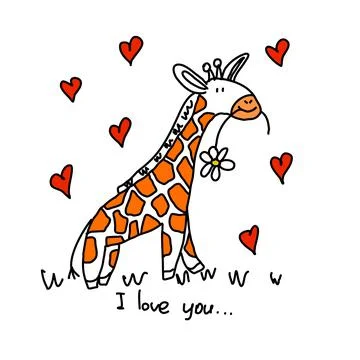 A giraffe with a flower in its teeth, isolated in the style of doodles Stock Illustration