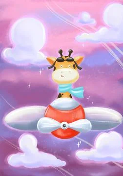 Giraffe flying in a helicopter Stock Illustration