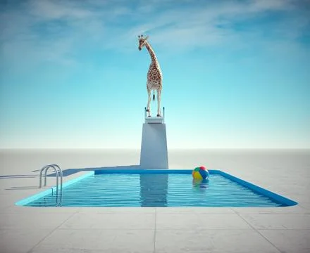 Giraffe getting ready to jump into the pool. Stock Illustration
