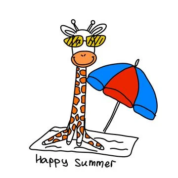 A giraffe with glasses is sitting on the beach under an umbrella, isolated in Stock Illustration