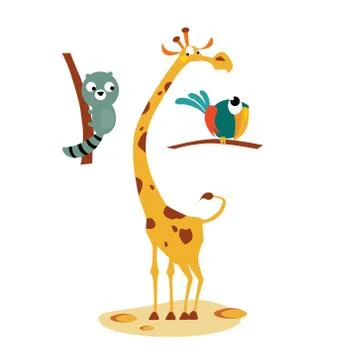 Giraffe, Lemour and Bird. Vector Illustration in Flat Style Stock-Illustration