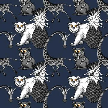 Giraffe, pineapple and white bear, beaver seamless pattern Stock Illustration