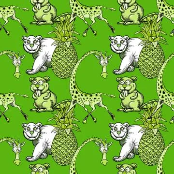 Giraffe, pineapple and white bear, beaver seamless pattern Stock Illustration
