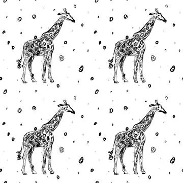 Giraffe Safari Seamless Pattern Scribble Line Art Vector, Hand Drawn Giraffe and イラスト素材