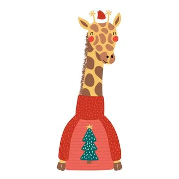 Giraffe in a Santa Claus hat, ugly sweater isolated Stock Illustration