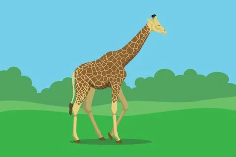 Giraffe single isolated with grass and bush tree background vector graphic Stock Illustration