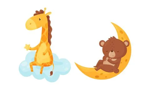Giraffe Sitting on Cloud Holding Star and Bear Sleeping on on Crescent Moon Stockillustratie