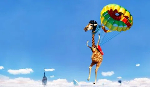 Giraffe skydiver going down on parachute over city Stock Photos
