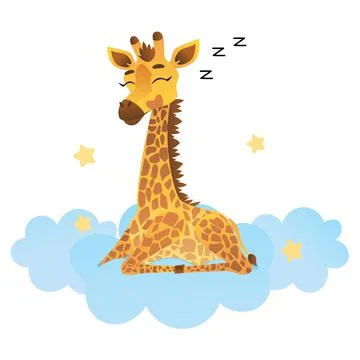 Giraffe sleeps sitting in the clouds and stars.. Vector illustration for desi Illustrazione stock