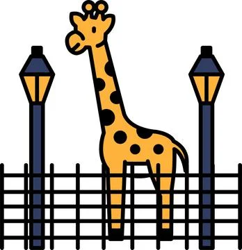 A giraffe standing in front of a fence with two street lamps behind it Stock Illustration