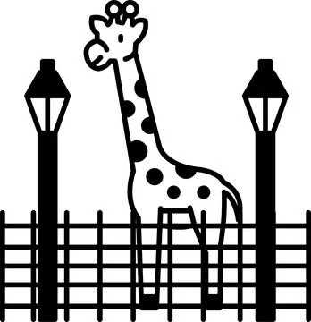 A giraffe standing in front of a fence with two street lamps behind it Stock Illustration