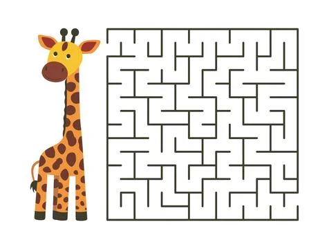 A giraffe is standing gracefully next to a complex maze structure Stock Illustration