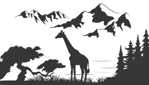 A giraffe standing somewhere in mountains background and trees and hills Stock Illustration