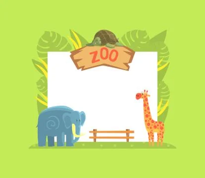 Giraffe, Turtle and Elephant Wild Jungle Animals with Blank Banner Vector 스톡 일러스트
