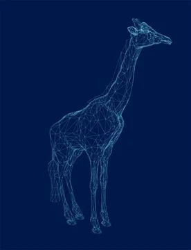 Giraffe wireframe made of blue lines isolated on dark background. 3D Stock Illustration