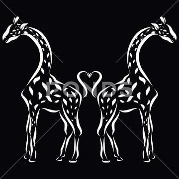 Giraffes in love turned away from each other and the heart of their tails Stock Illustration