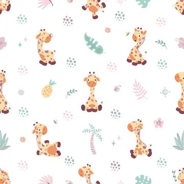 Giraffes seamless pattern, nursery adorable fabric print. Children giraffe Stock Illustration