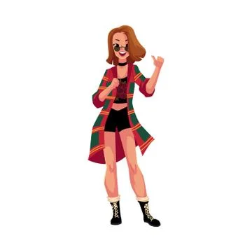 Girl in 1990s, grunge style clothes at retro disco party Stock Illustration
