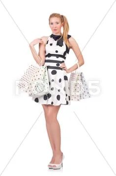Girl after good shopping on white Stock Photos