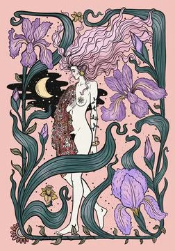 Girl among the iris flowers and the moon. magic illustration, tarot cards, ar Stock Illustration