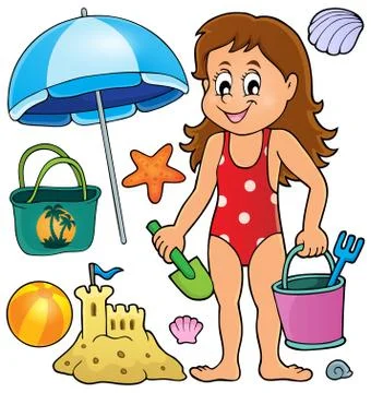 Girl and beach related objects theme set - eps10 vector illustration. 스톡 일러스트