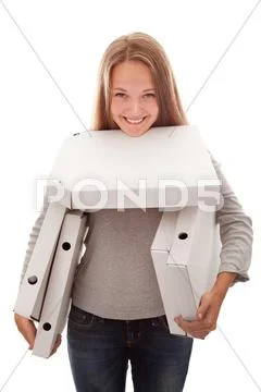 The girl and boxes for a pizza Stock Photos