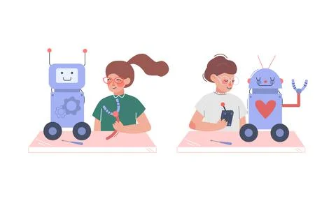 Girl and boy making and programming robots set. Robotics for children cartoon Stock Illustration