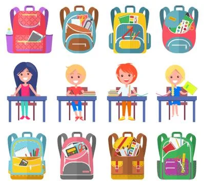 Girl and Boy Studying, Backpack Sticker Vector Stock Illustration