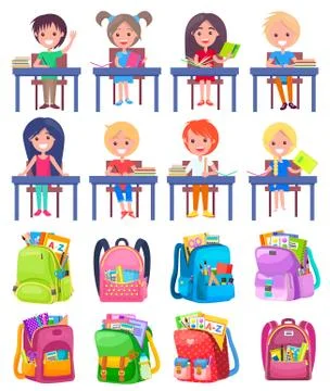 Girl and Boy Studying, Backpack Sticker Vector Stock Illustration