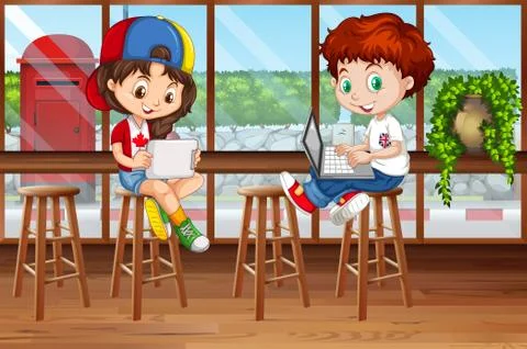 Girl and boy using computer in the pub Illustrazione stock