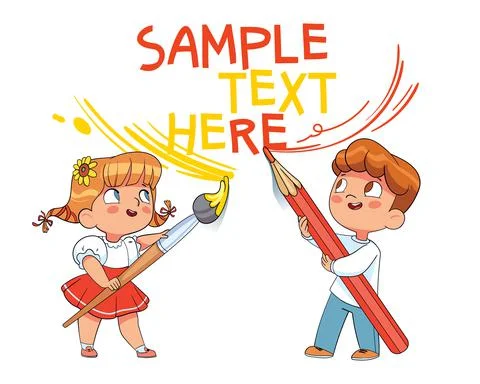 Girl and Boy write big text on the wall. Colorful cartoon characters 스톡 일러스트
