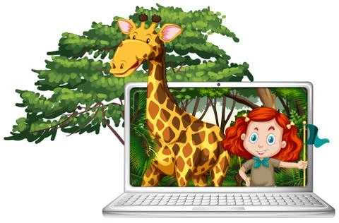 Girl and giraffe on computer screen Stock Illustration