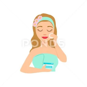 Girl Applying Facial Skincare Product With Cotton Round, Woman With Closed Eyes Stock Illustration