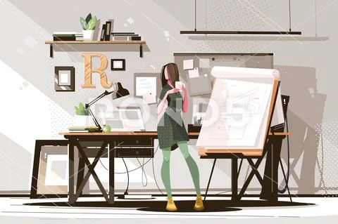 Girl architect working on project Stock Illustration