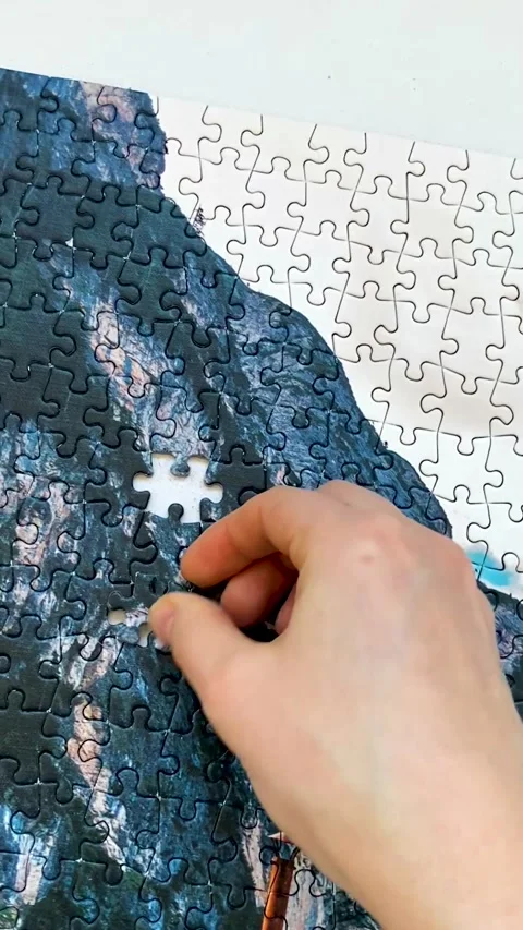The girl assembles a large puzzle piece by piece Stock Footage 289144566