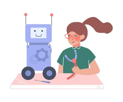 Girl Assembling and Programming Robot, Young Engineer Character Working on Stock Illustration