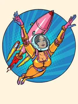A girl astronaut is flying with a space rocket. Science fiction Stock Illustration