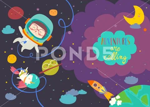 Girl astronaut with her unicorn Stock Illustration