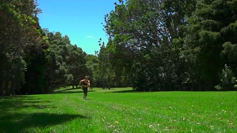 Girl athlete does physical exercise on green grass in the forest in new zealand Stock-Footage 131956028