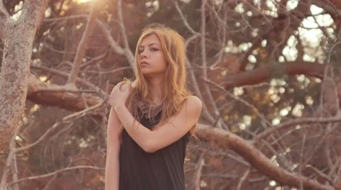 Girl on a background of dry pine branches at sunset Stock Footage 63928110